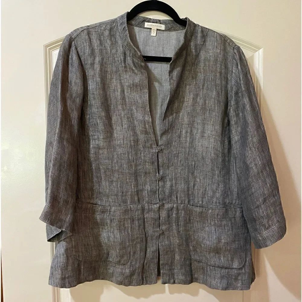 EILEEN FISHER Button Down Double Weave Linen Jacket Brown Women’s Size Medium